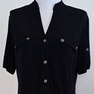 Saint Tropaz West Black Dress Button Down V-Neck Shirt Dress Size 8 Nylon